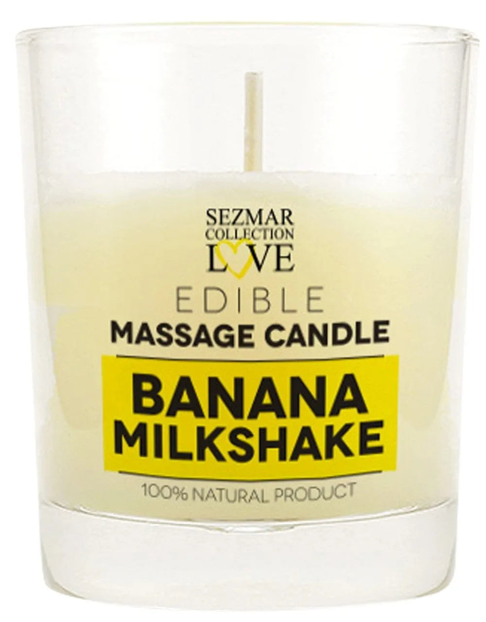 Bougie de massage blanche dans un verre, étiquette jaune Banana Milkshake, ambiance gourmande et relaxante.