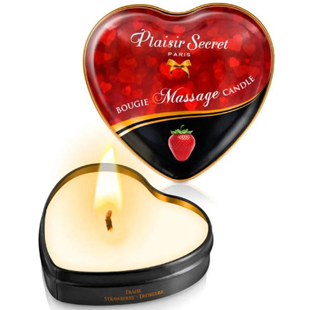 bougie massage parfum fraise boitier coeur metallique forme huile tiède nourrissante adoucissante sensuelle romantique glamour compacte 35ml