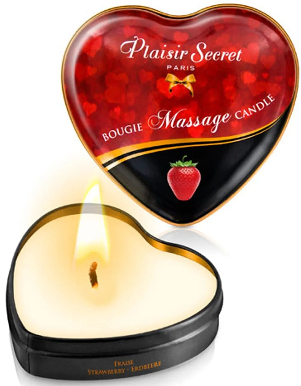Bougie de massage en forme de cœur, boîtier métallique rouge, parfum fraise, ambiance romantique, 35ml.