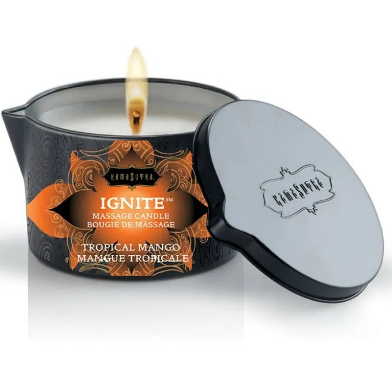 bougie massage parfum mangue tropicale huile tiède naturelle cire fondante sensualité relaxation romantique intime chaleur apaisante durée trente cinq heures