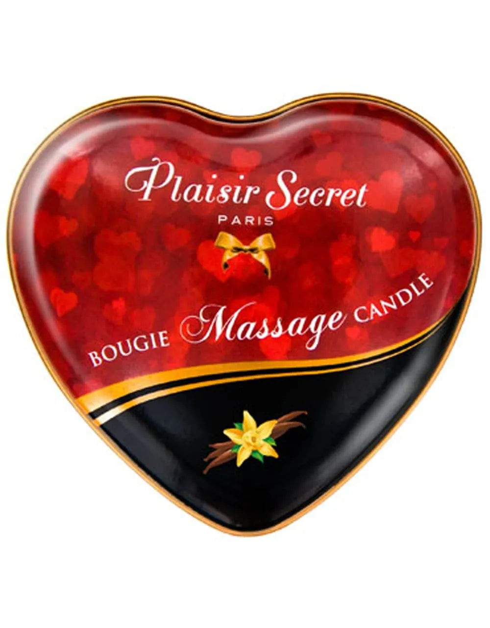 Bougie massage vanille en boîte métallique coeur rouge, cire fondante pour moments romantiques et relaxants.