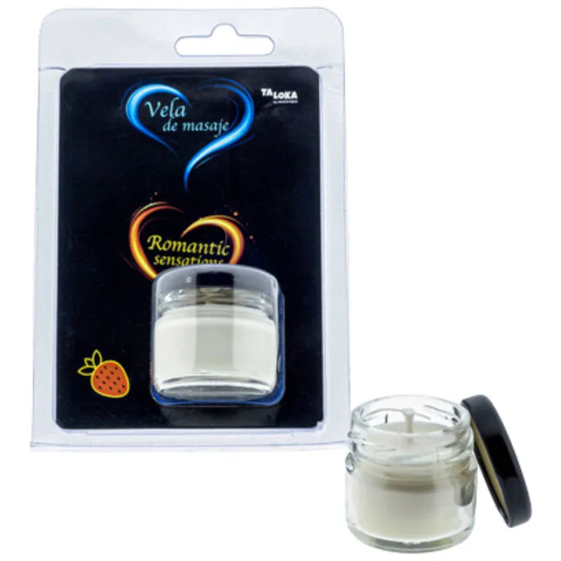 bougie massage érotique sensuelle fraise parfum fruité cire huile chaude nourrissante coco karité vitamineE sécurité longue durée