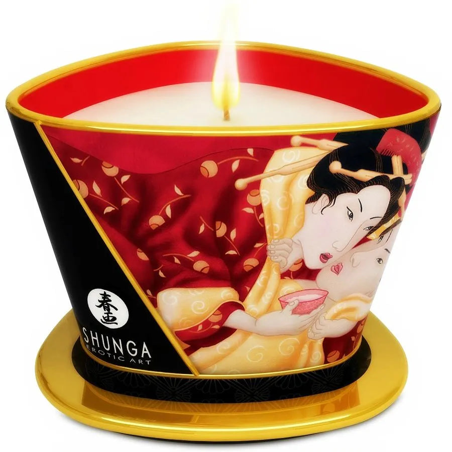 Bougie Massage Érotique Shunga Fraises Cava Aromatique Sensuelle Soyeuse Chauffante Hydratante Naturelle Veloutée Romantique Complicité Intime
