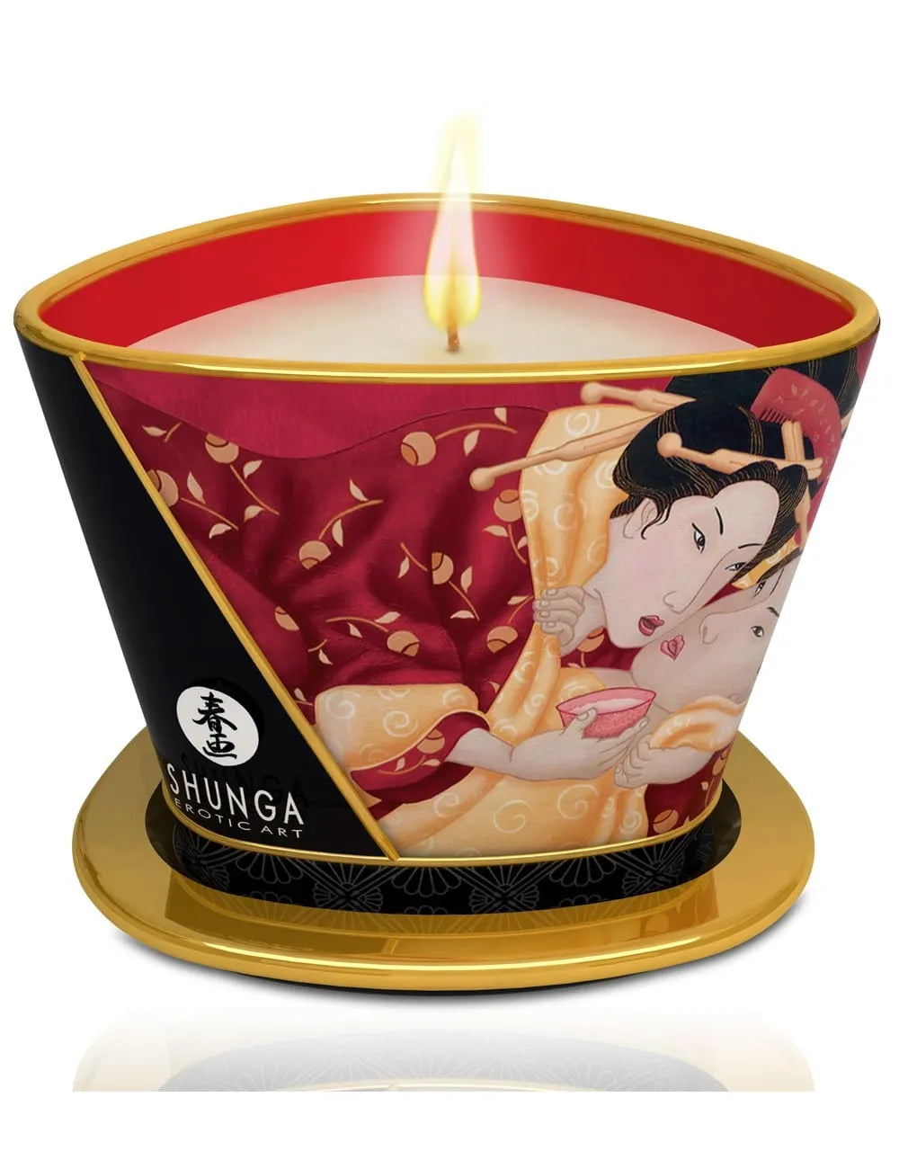 Bougie de massage sensuelle fraise vin pétillant, pot décoratif rouge et noir, flamme allumée, 170ml.