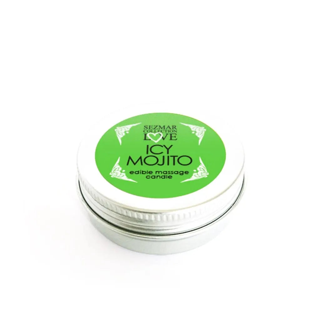 Bougie de massage verte senteur Mojito en pot métallique, texture soyeuse, ingrédients naturels, ambiance estivale.