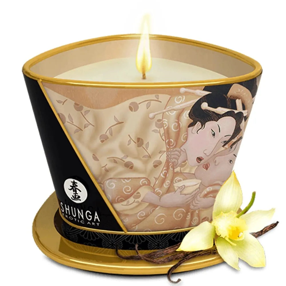 bougie massage shunga vanille huiles naturelles peau soyeuse fragrance délicate cire tiède sensualité romantique longue durée 170ml enceinte compatible
