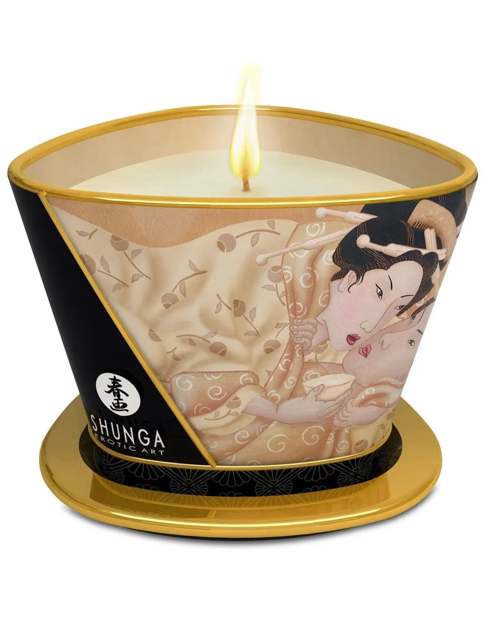 Bougie massage Shunga vanille, pot décoratif noir et or, illustration artistique, flamme allumée, 170ml.