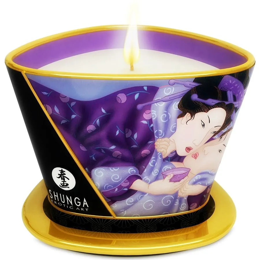 bougie massage shunga arôme fruits exotiques sensuelle parfumée chauffante huile chaude naturelle soyeuse nourrissante relaxante intime aphrodisiaque érotique japonaise