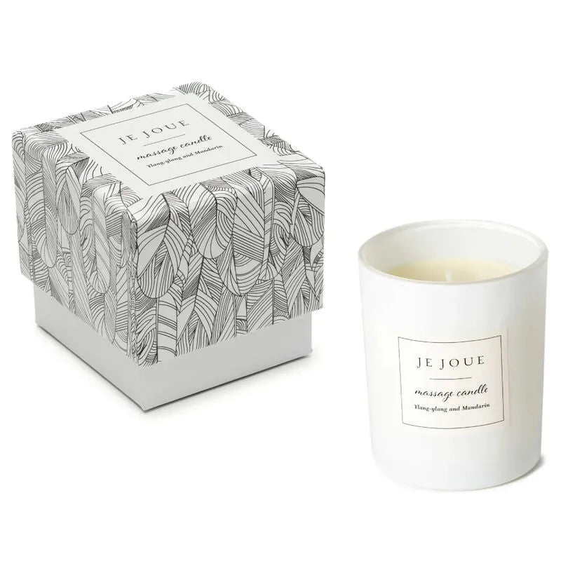 Bougie de massage blanche dans un pot élégant, avec boîte décorative, parfum ylang ylang et mandarine, cire de soja.