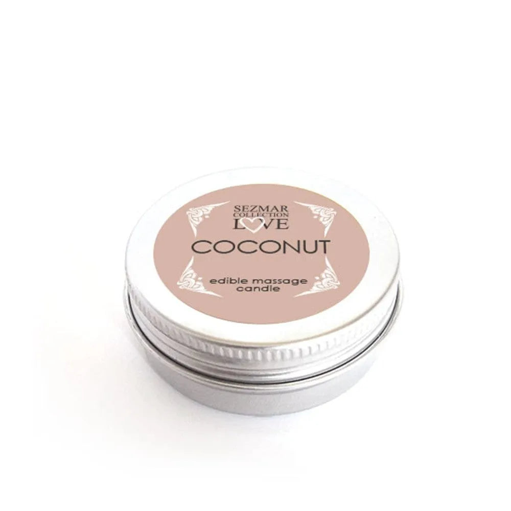 Bougie de massage mini en pot argenté, étiquette beige Coconut, pour soin relaxant et hydratant à la noix de coco.