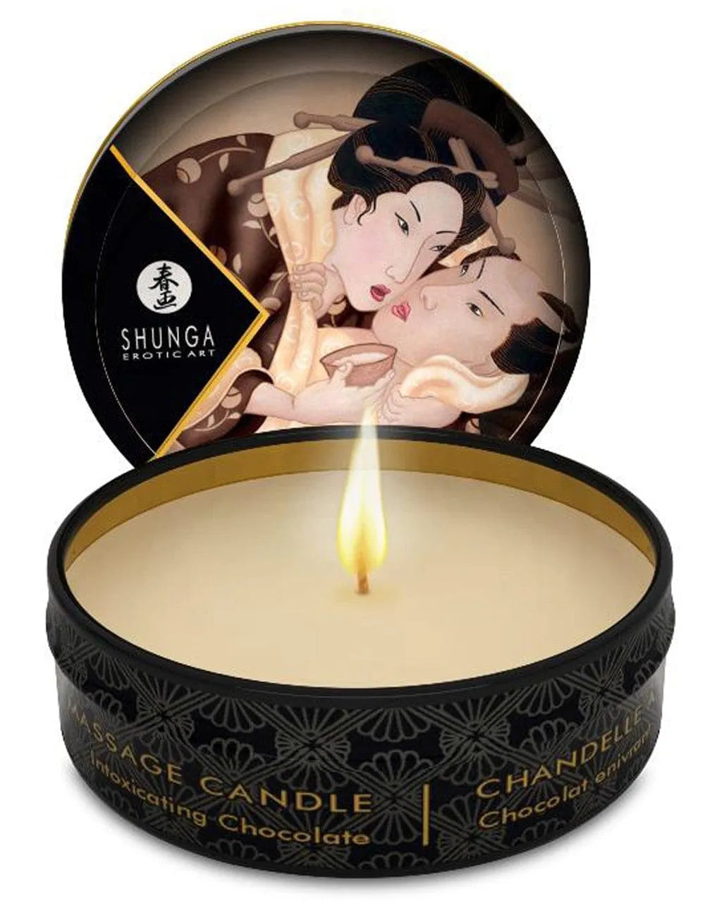 Bougie de massage chocolat, pot rond noir décoré, cire tiède pour peau soyeuse, ambiance sensuelle et gourmande.