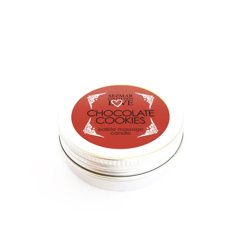 Bougie de massage chocolat cookies, pot rond blanc, couvercle rouge, 30ml, cire d'abeille, mèche 6mm, ambiance gourmande.