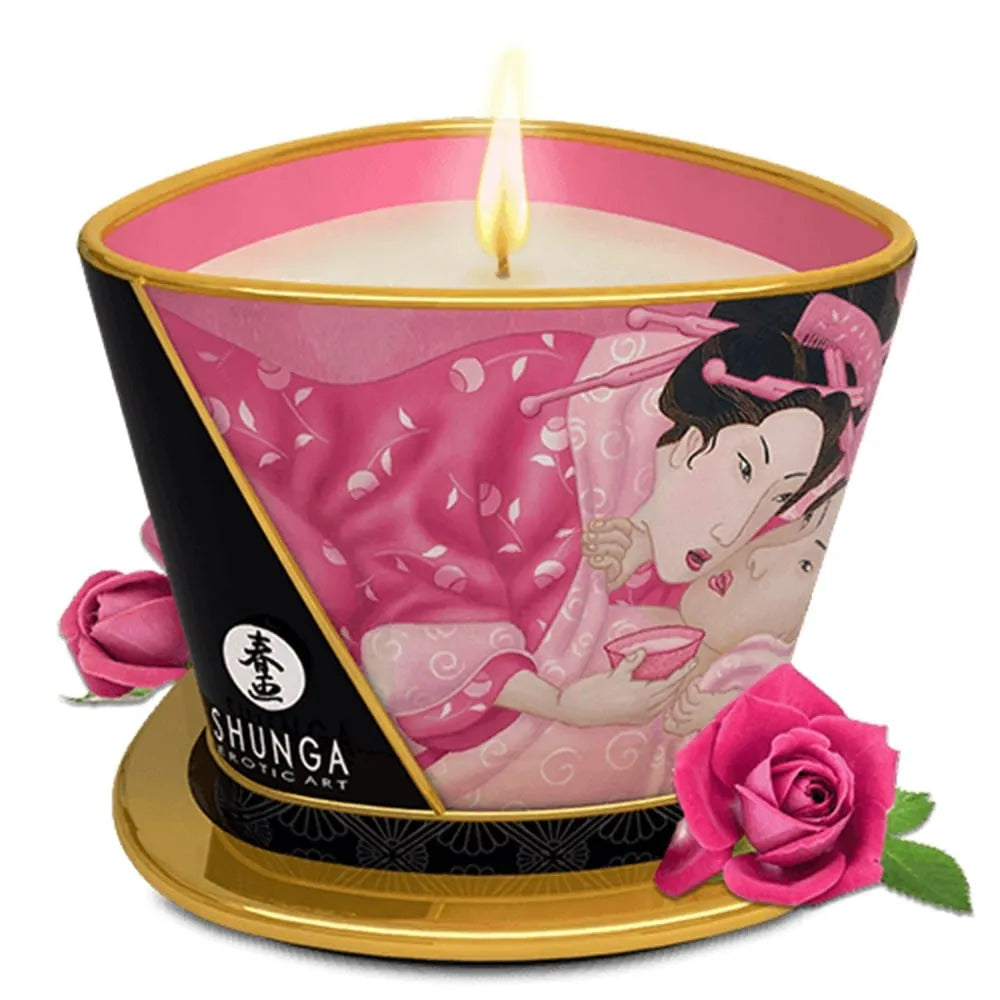 Bougie massage couple parfumée rose huile naturelle végétale 170ml chauffante relaxante sensuelle nourrissante peau soyeuse compatible grossesse non comestible