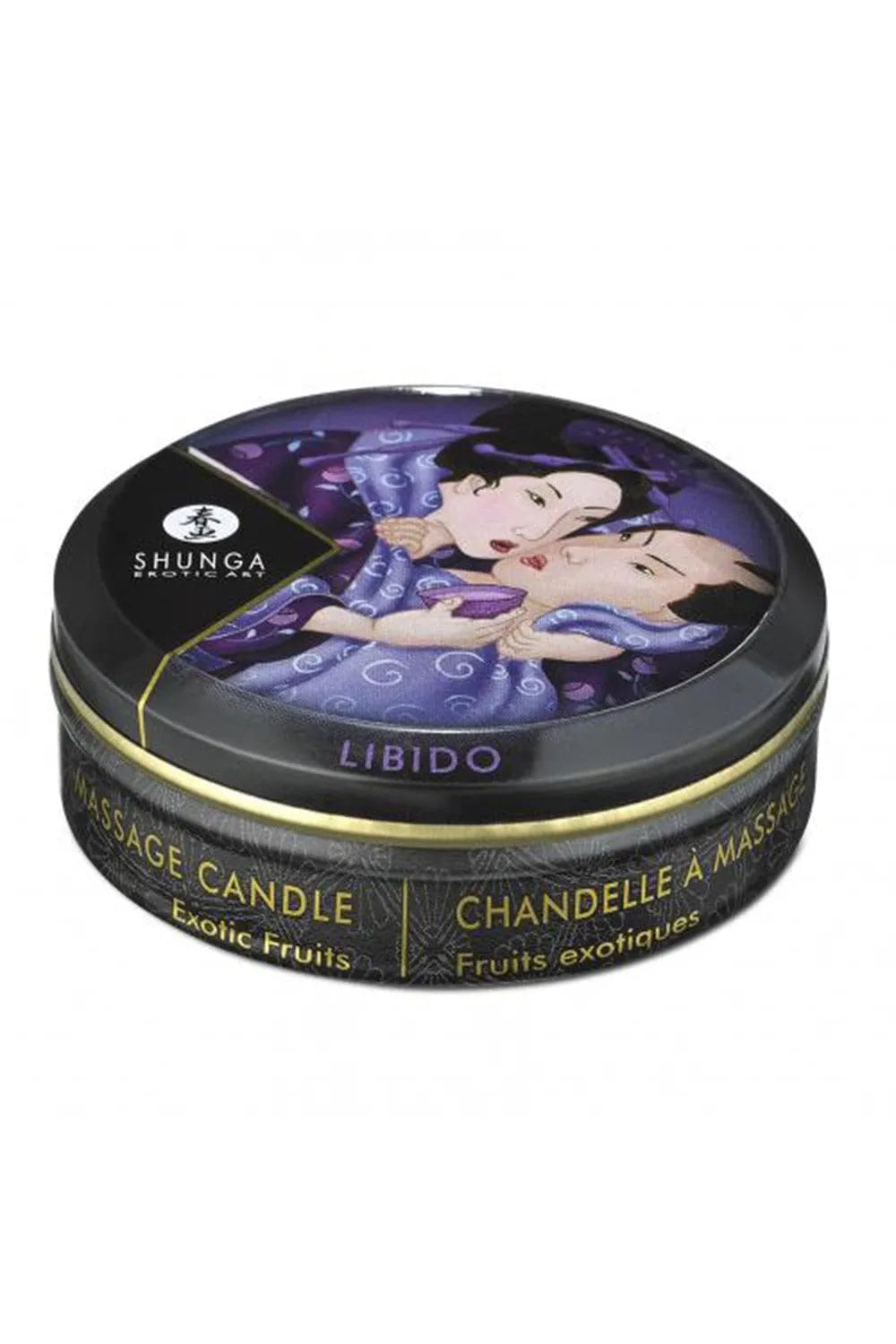 Bougie de massage érotique fruit exotique, boîte ronde noire avec illustration artistique, mèche visible, huiles naturelles.