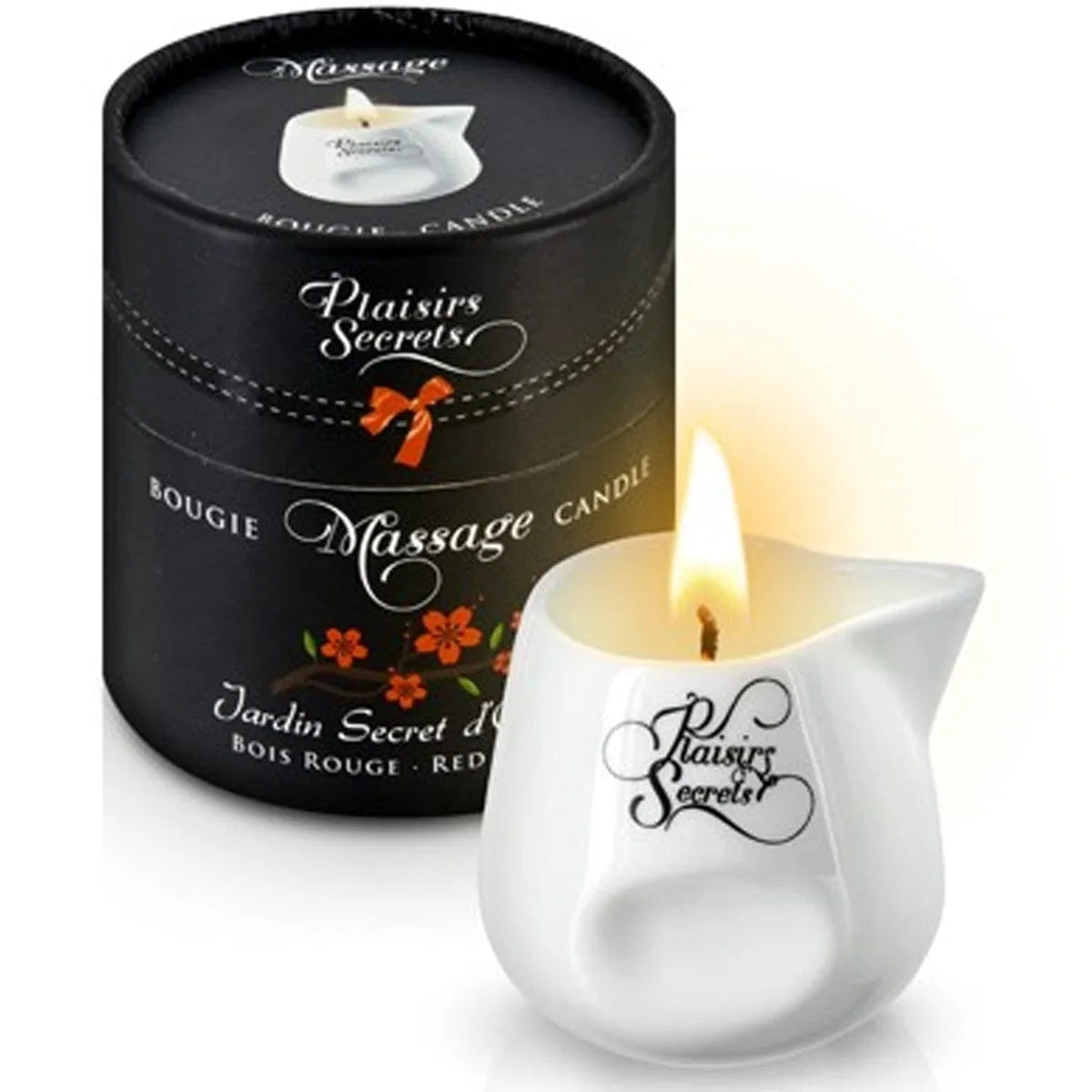 Bougie massage bois rouge en pot céramique blanc avec bec verseur, packaging noir élégant, cire végétale naturelle.
