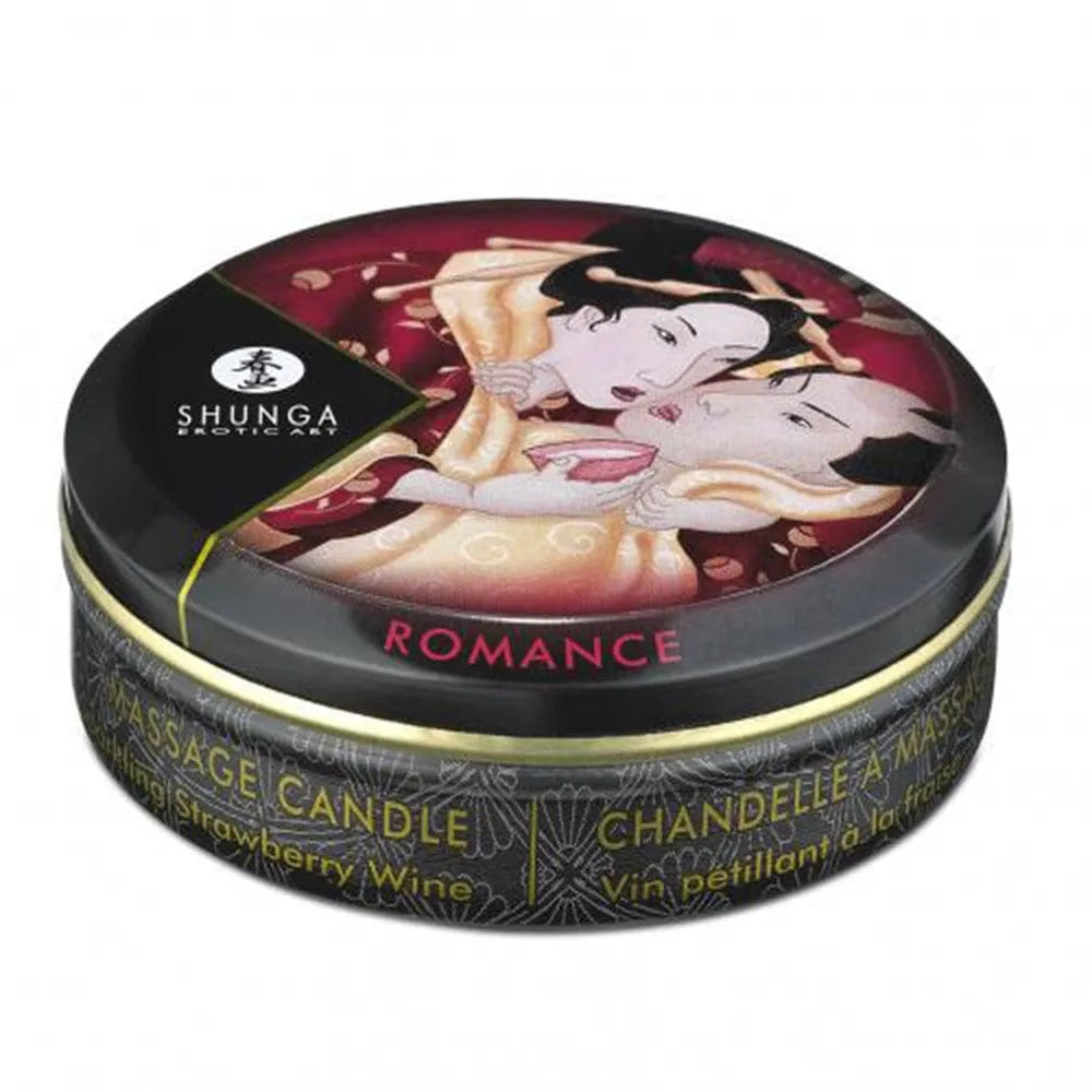 Bougie de massage sensuelle fraise vin pétillant, boîte ronde noire décorative, 30 ml, huiles naturelles.