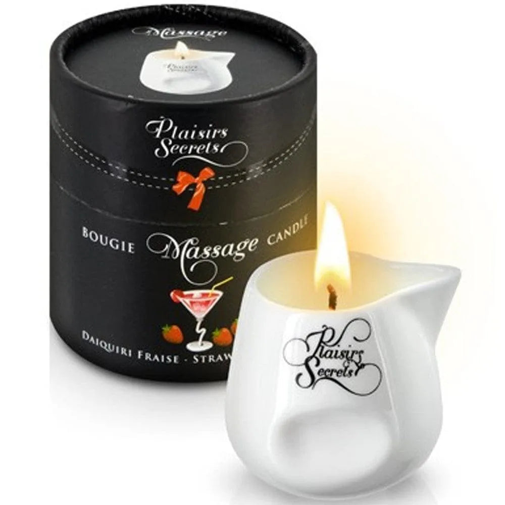 bougie parfumée daïquiri fraise fruitée sensuelle massage cire végétale naturelle peau soyeuse pot céramique 80ml bec verseur cadeau