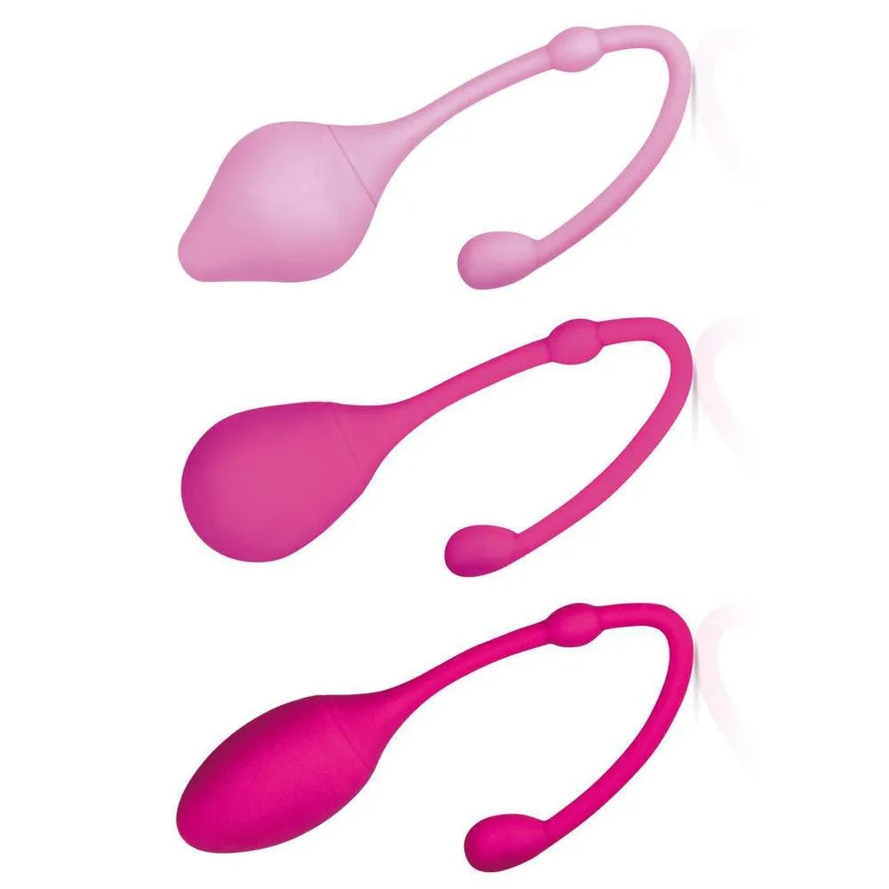 Boules de geisha en silicone rose, trois formes et poids variés, pour renforcement périnée et rééducation postnatale.