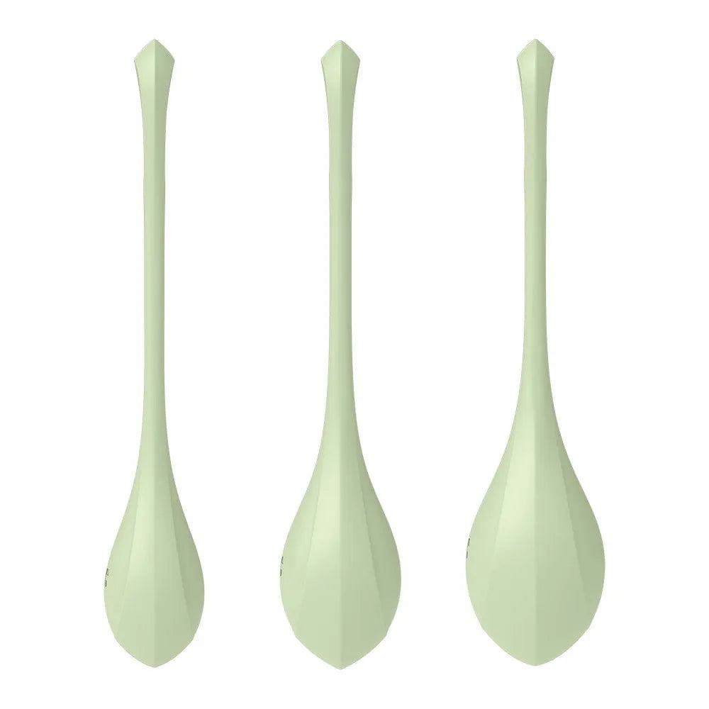 Boules de Geisha vertes en silicone médical, trois tailles, forme biseautée, anneau de sécurité, pour rééducation périnéale.