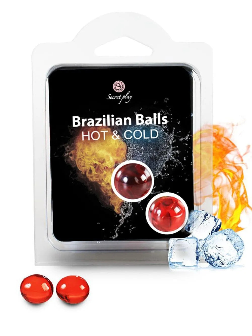 Boules brésiliennes rouges effet chaud froid, huile massage sensuelle, emballage transparent, fond feu et glace.