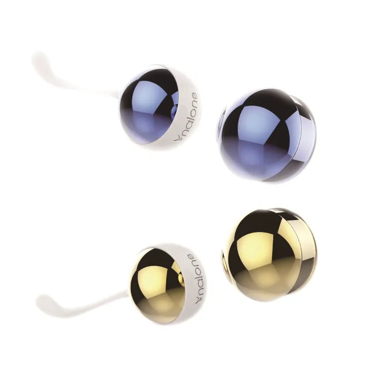Boules Geisha Nalone Yani en aluminium, couleurs dorée et bleue, interchangeables, pour exercices pelviens et tonification.