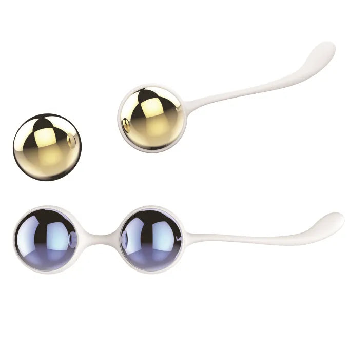 Boules de Geisha en aluminium doré Nalone Yani avec supports blancs, pour exercices pelviens et tonification périnéale.