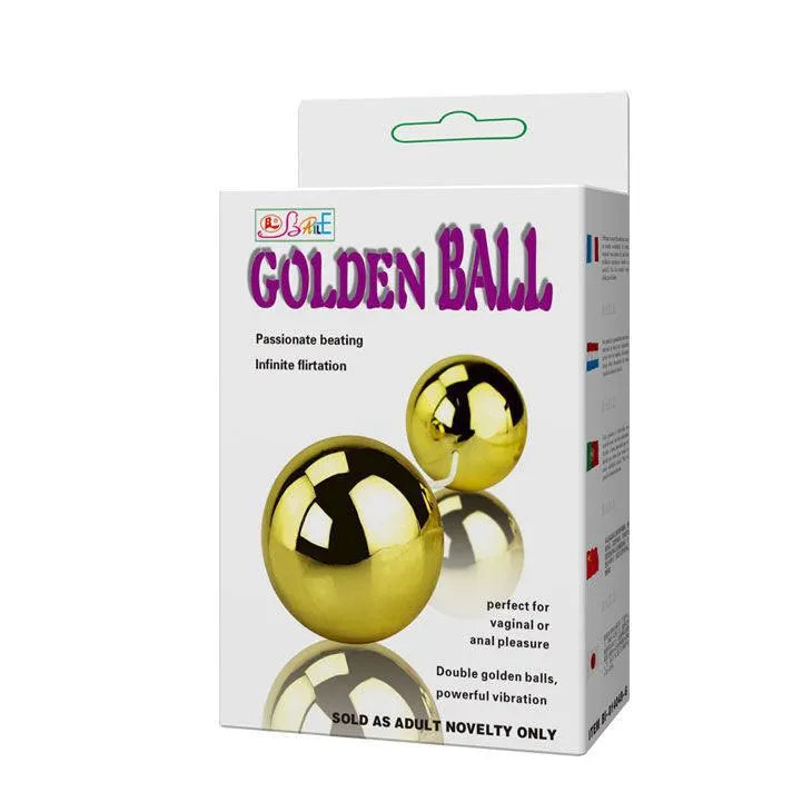 Boules Geisha dorées vibrantes multivitesse, télécommande filaire, stimulation vaginale, boîte blanche avec texte coloré.