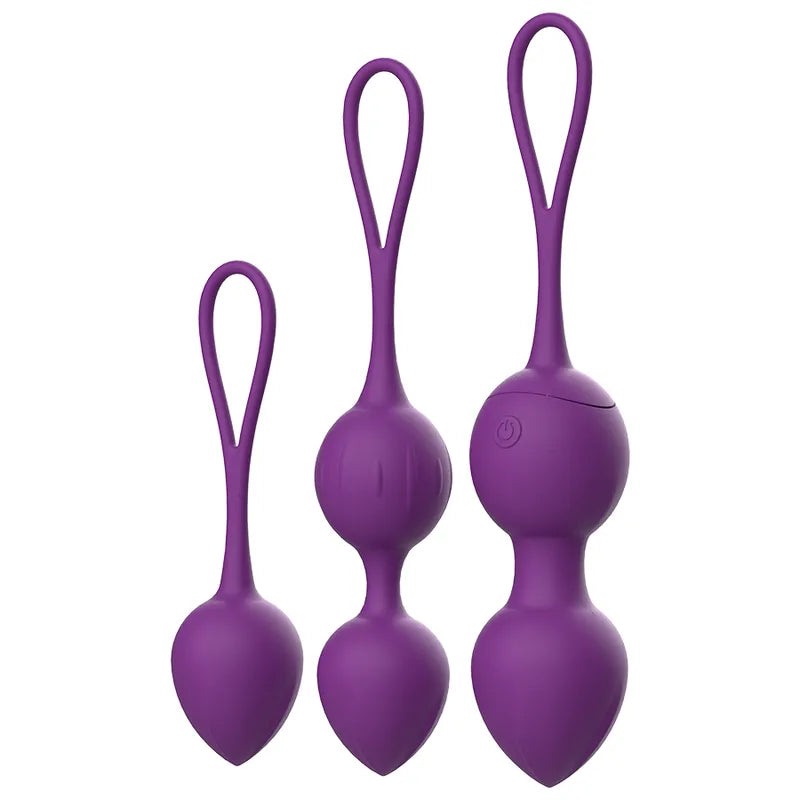 Boules Geisha vibrantes violettes, 3 tailles, silicone hypoallergénique, télécommande, entraînement pelvien débutantes.