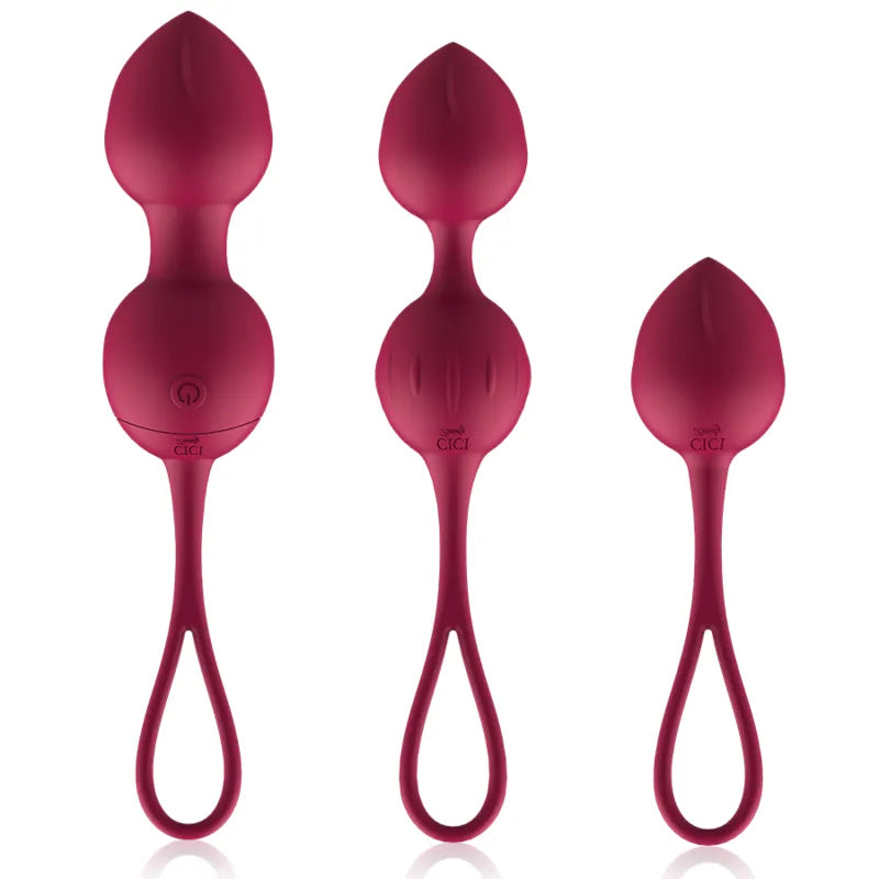 Boules Geisha vibrantes rouges, trois tailles, silicone doux, avec télécommande, pour renforcement pelvien et bien-être.