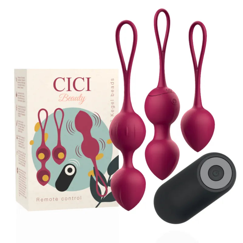 Boules Geisha vibrantes rouges avec télécommande noire, trois tailles, emballage Cici Beauty, silicone doux, étanches.