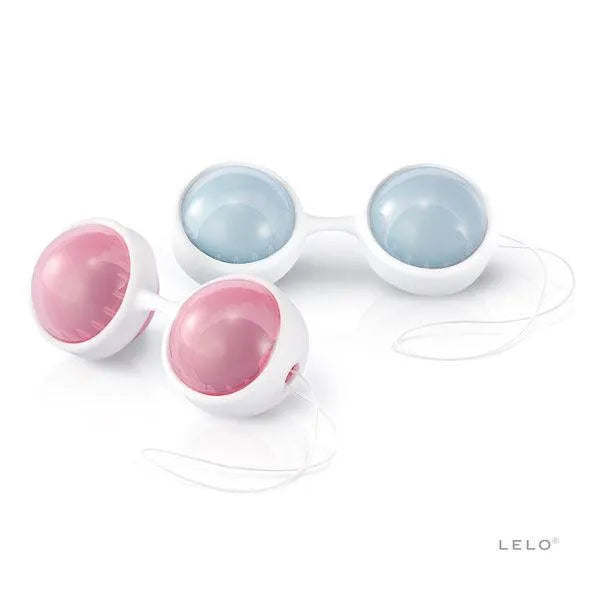 Boules Kegel ajustables en silicone rose et bleu, renforcement pelvien postnatal, deux tailles, design ergonomique.