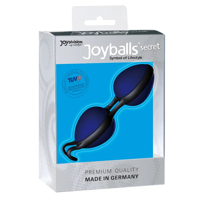Boules vaginales bleues en silicone médical avec boucle d'extraction, emballage Silikomed pour renforcement pelvien.