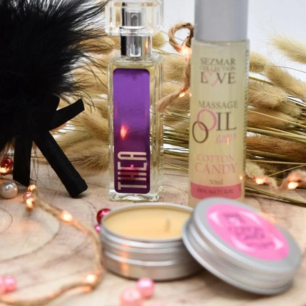 Coffret bien-être fête des mères: huile massage, bougie parfumée, plumeau noir, flacon violet, panier tissu naturel.