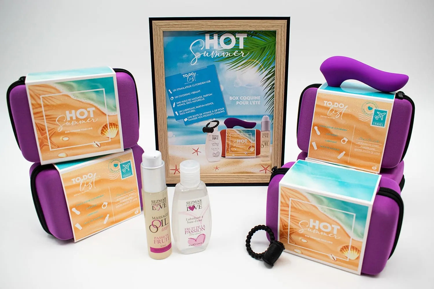 Coffret Couple Été Sensuelle Exotique Parfum Fruit Passion Stimulateur Clitoridien USB Anneau Vibrant Huile Massage Naturelle Lubrifiant Eau 90ml Transport