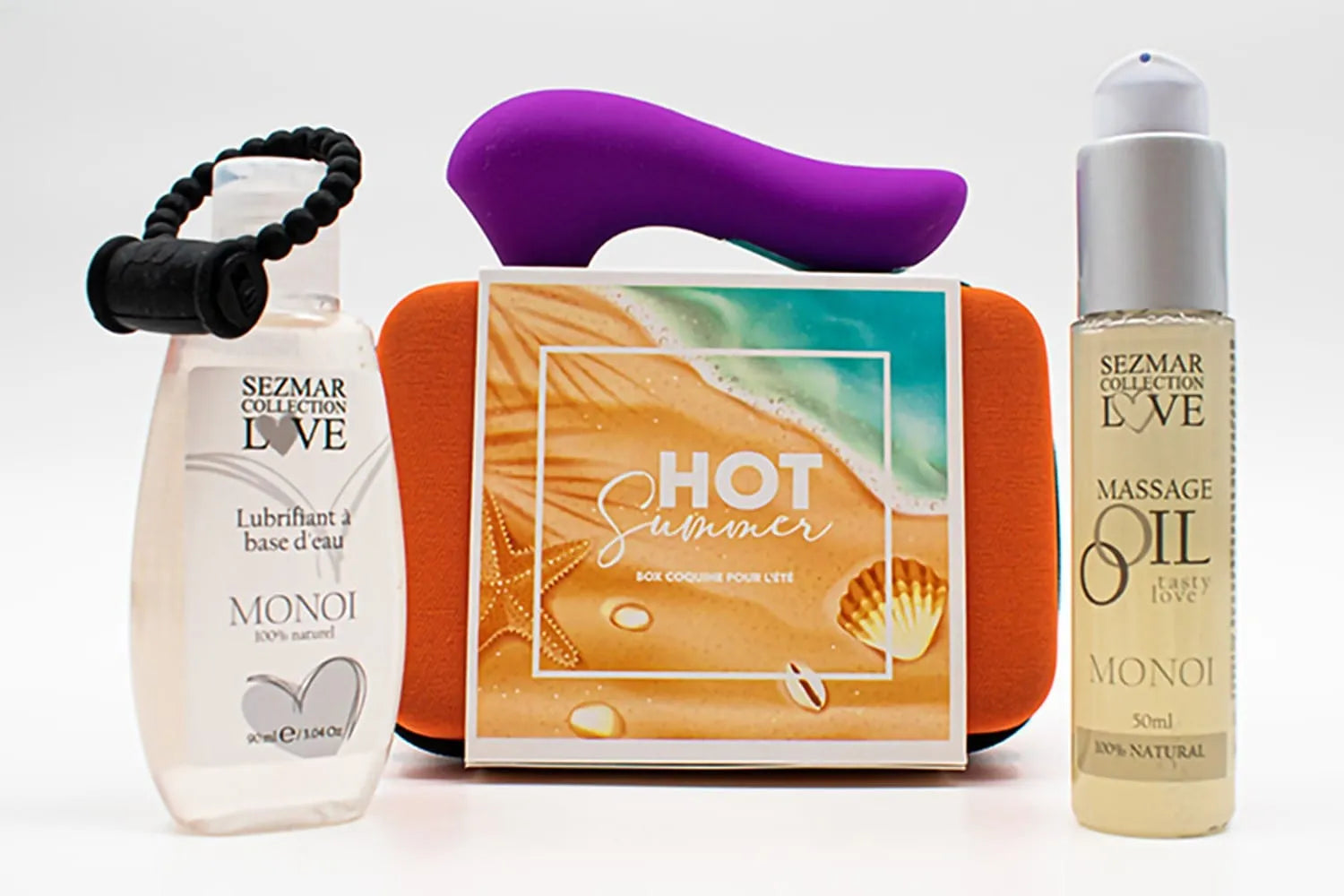 coffret couple été sensuel intime voyageable rangement pratique stimulateur clitoridien rechargeable anneau vibrant silicone huile massage Monoï lubrifiant hydrosoluble naturel