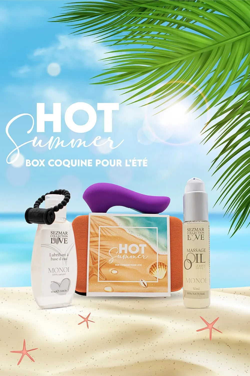 Coffret été sensuel: stimulateur violet, anneau vibrant, huile Monoï, lubrifiant naturel sur fond plage.
