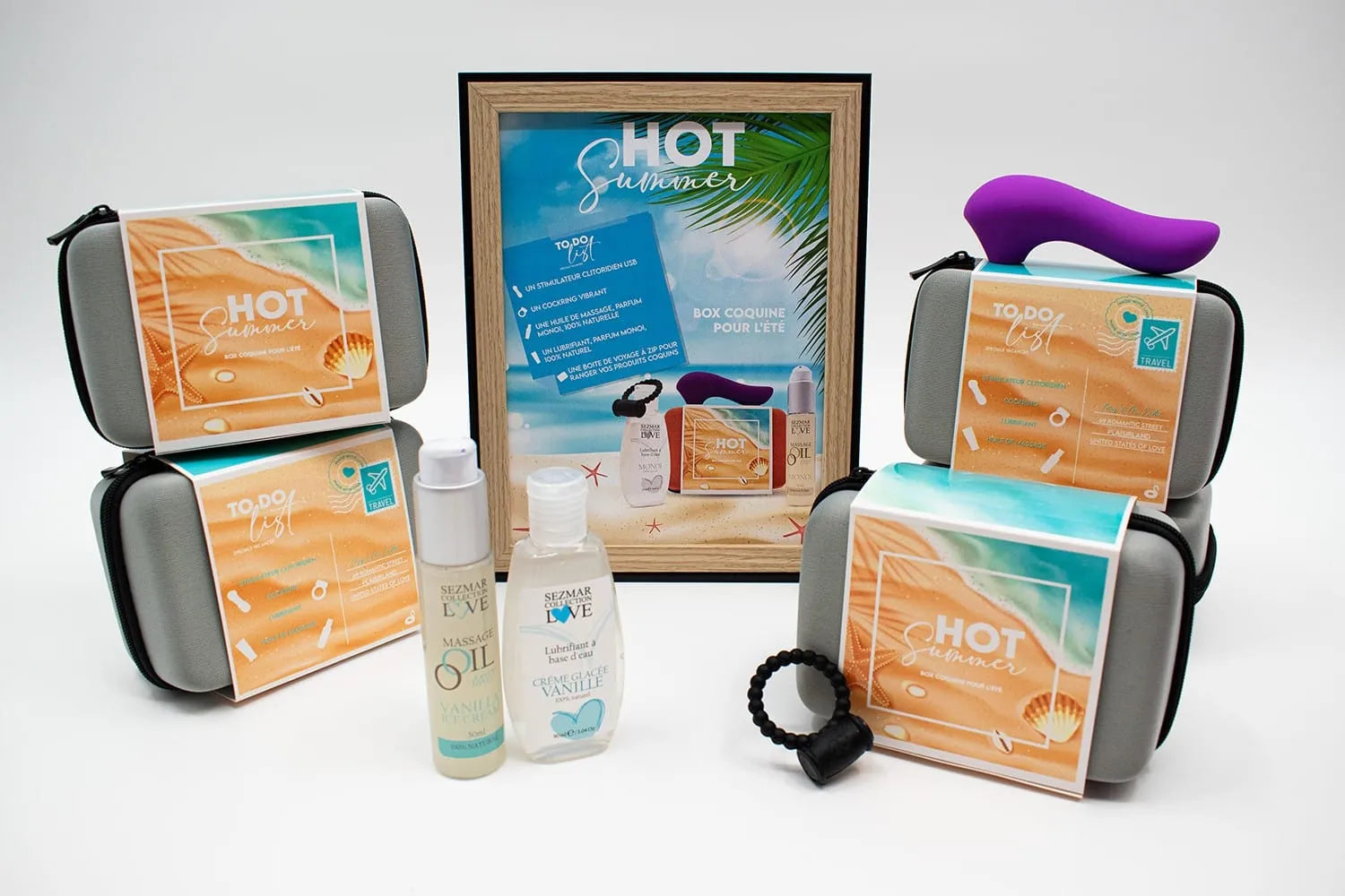 Coffret couple été vanille accessoires intimes stimulateur clitoridien rechargeable usb anneau vibrant silicone huile massage naturelle karité trousse rigide