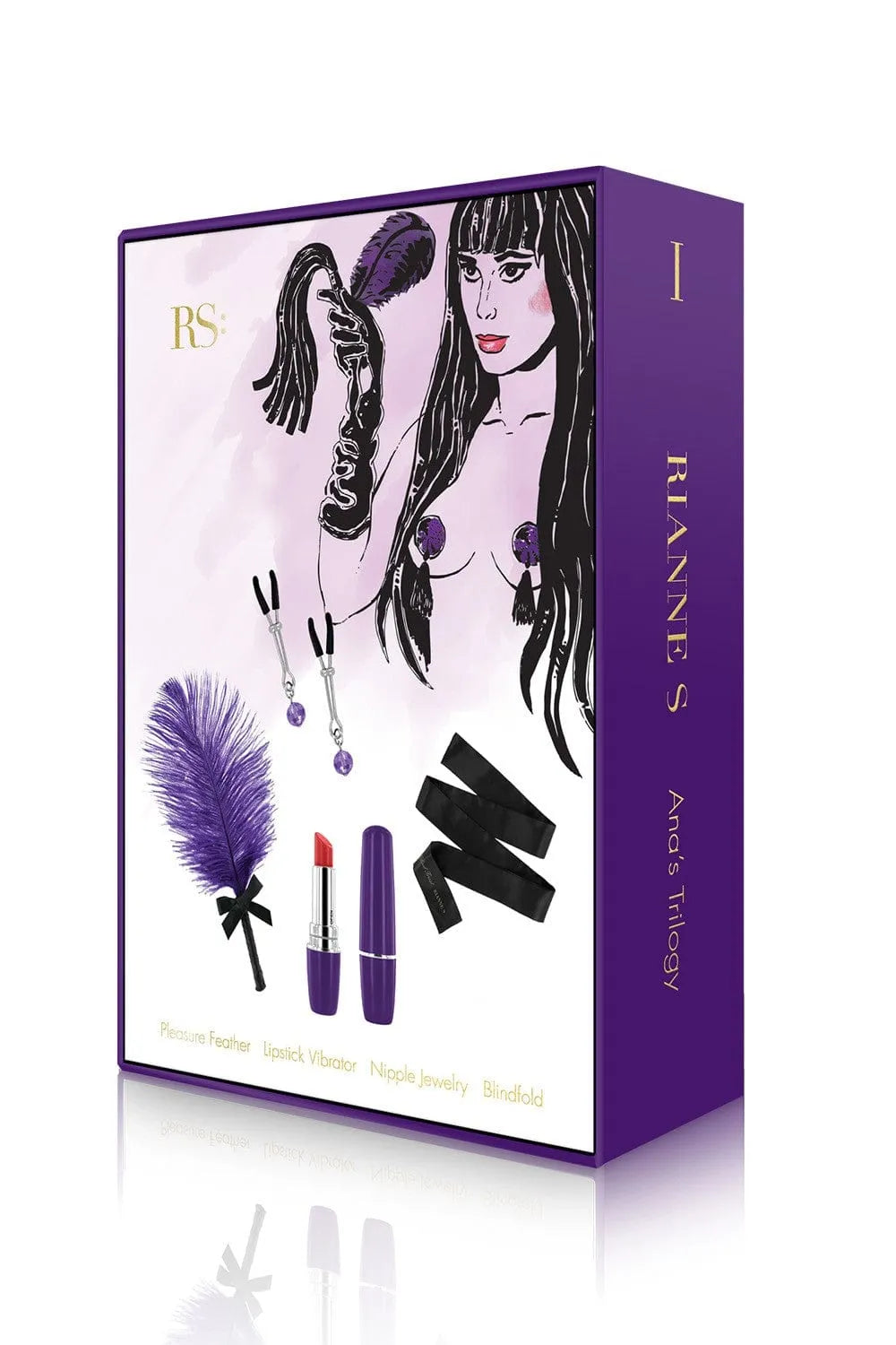 Coffret érotique RIANNE S avec bandeau soie, vibromasseur rouge, plume violette, pinces seins acier, design luxueux.