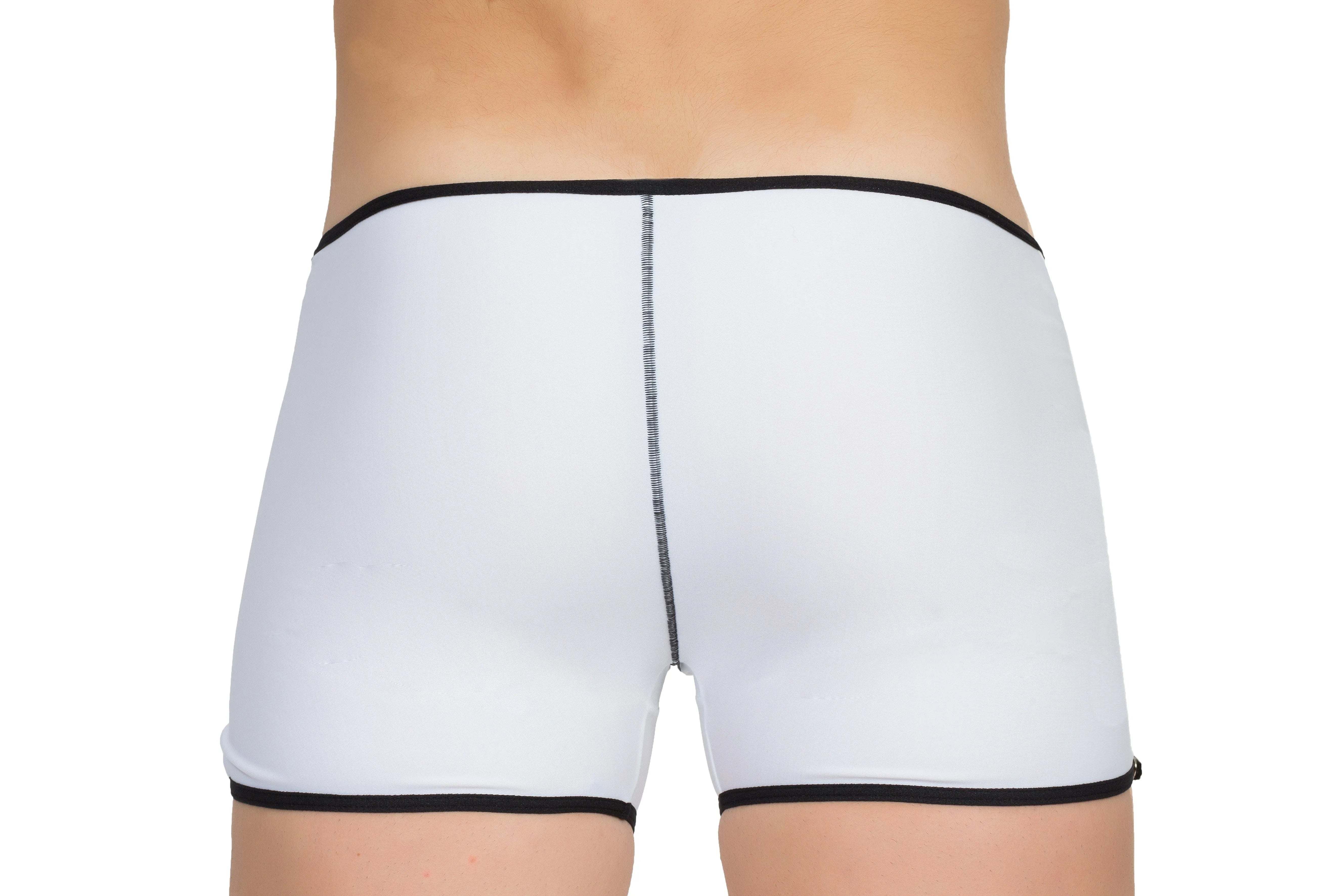 Boxer blanc et noir avec fausse fermeture éclair, cinq pressions latérales, design moderne et confortable.