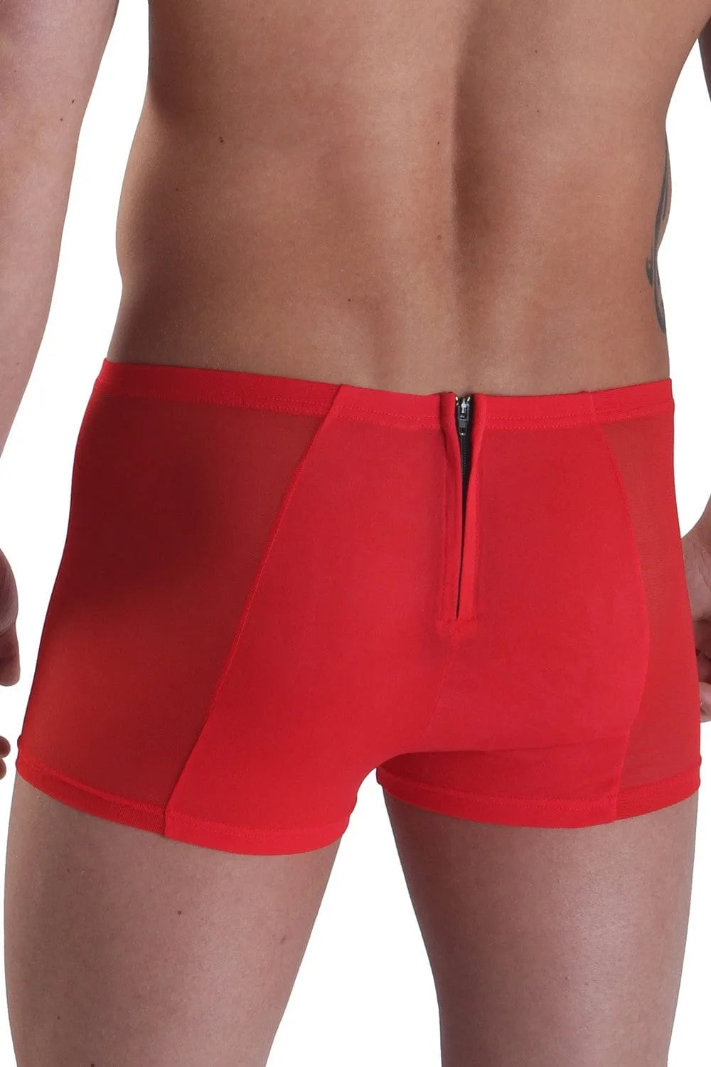 Boxer caleçon homme rouge, double fermeture éclair avant-arrière, tissu transparent, ajusté, polyamide élasthanne.