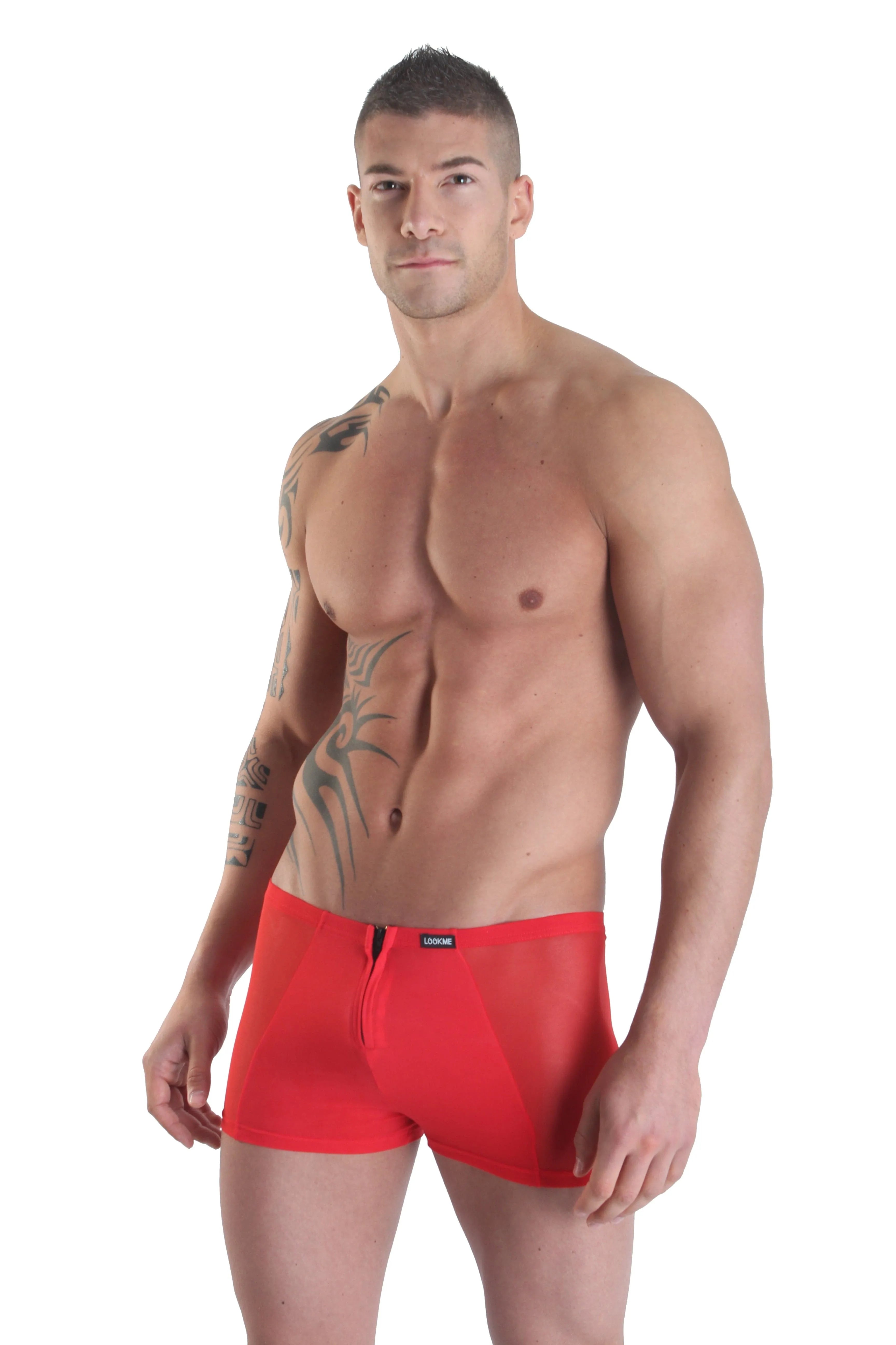 Boxer rouge homme transparent, double fermeture éclair avant-arrière, en polyamide élasthanne, ajusté et séduisant.