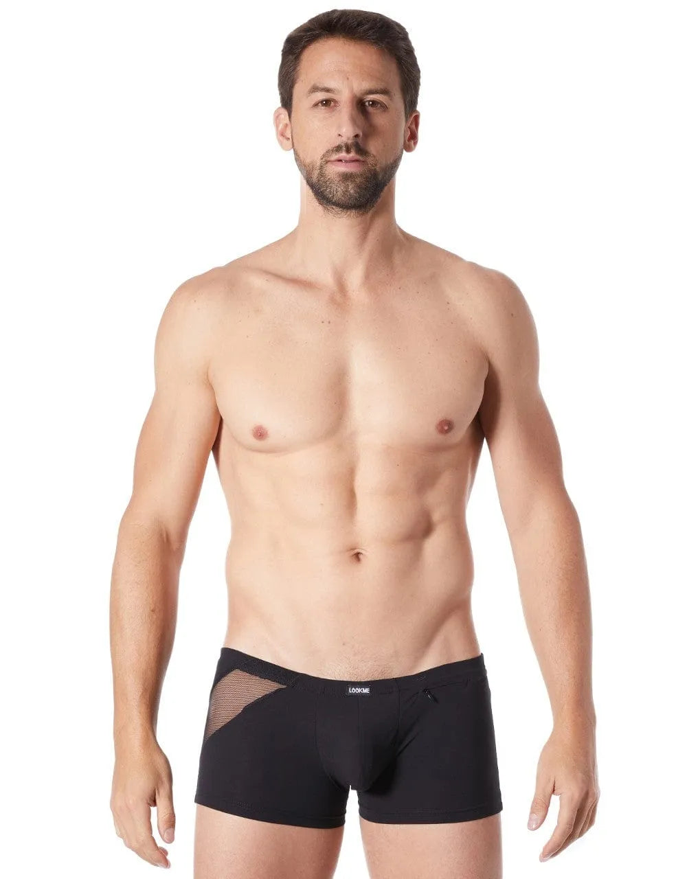Boxer court homme noir satiné, résille fine devant et derrière, zip décoratif, tissu extensible et doux, style élégant.