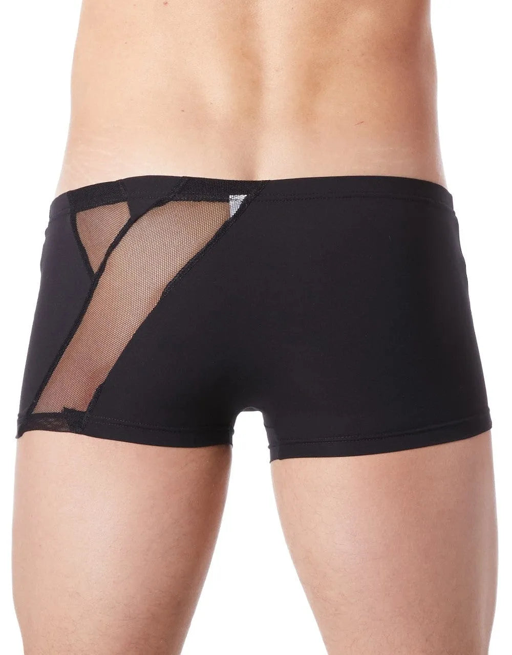 Boxer court homme noir satiné avec résille transparente et zip décoratif, design élégant et audacieux.