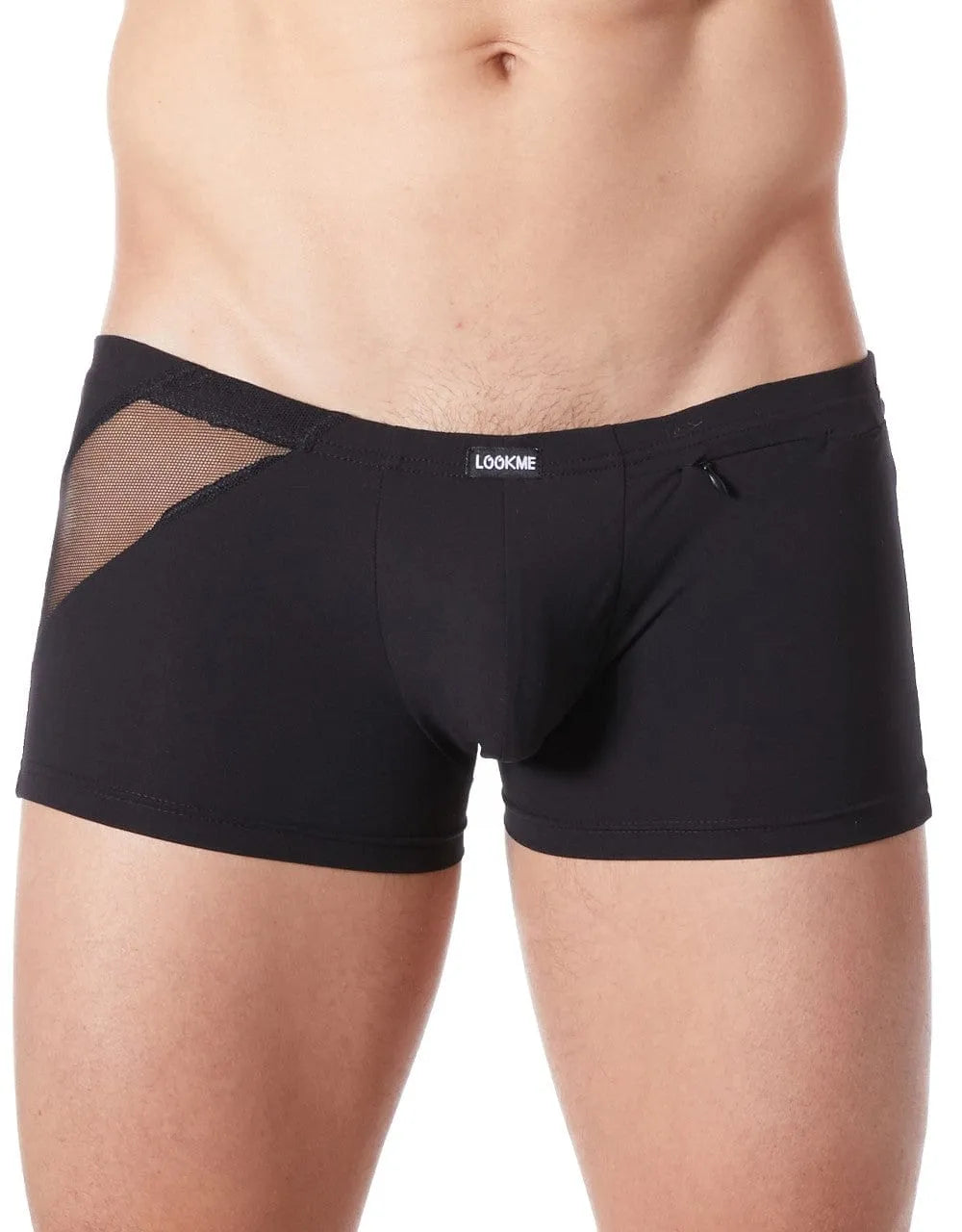 Boxer court homme noir satiné avec résille transparente, zip décoratif, tissu extensible en polyamide et élasthanne.