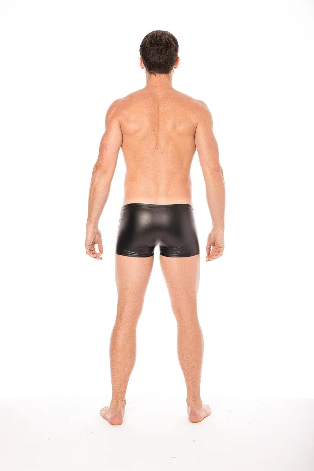 Boxer noir similicuir homme, ajusté et élégant, vue arrière, matière souple et confortable, style tendance et audacieux.