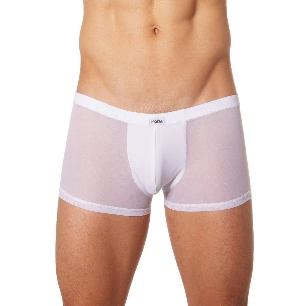 boxer homme blanc transparent wetlook maille fine avant brillant arrière coupe ajustée extensible polyester elasthanne maintien confortable sexy élégant audacieux