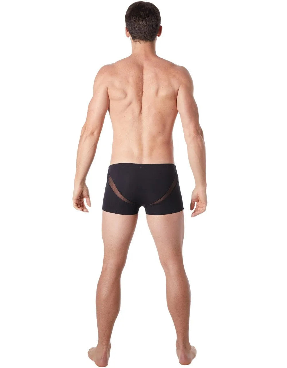 Boxer homme noir court, coupe ajustée, résille en V arrière, polyester élasthanne, confort et séduction.