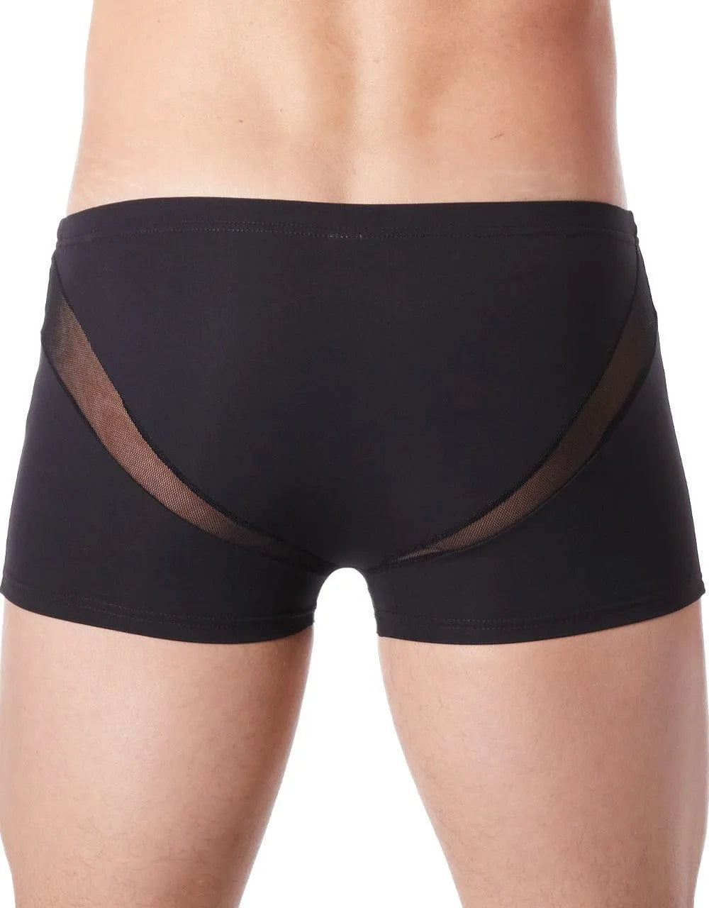 Boxer homme noir court, résille en V arrière, coupe ajustée, polyester élasthanne, confort et séduction.