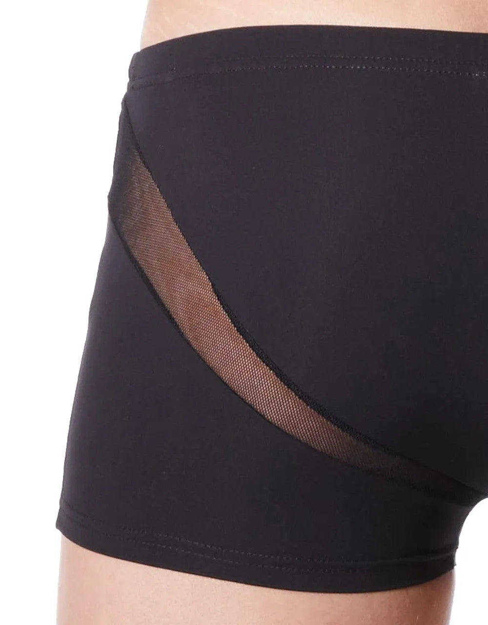 Boxer homme court noir, résille en V arrière, coupe ajustée, polyester élasthanne, confort et séduction.