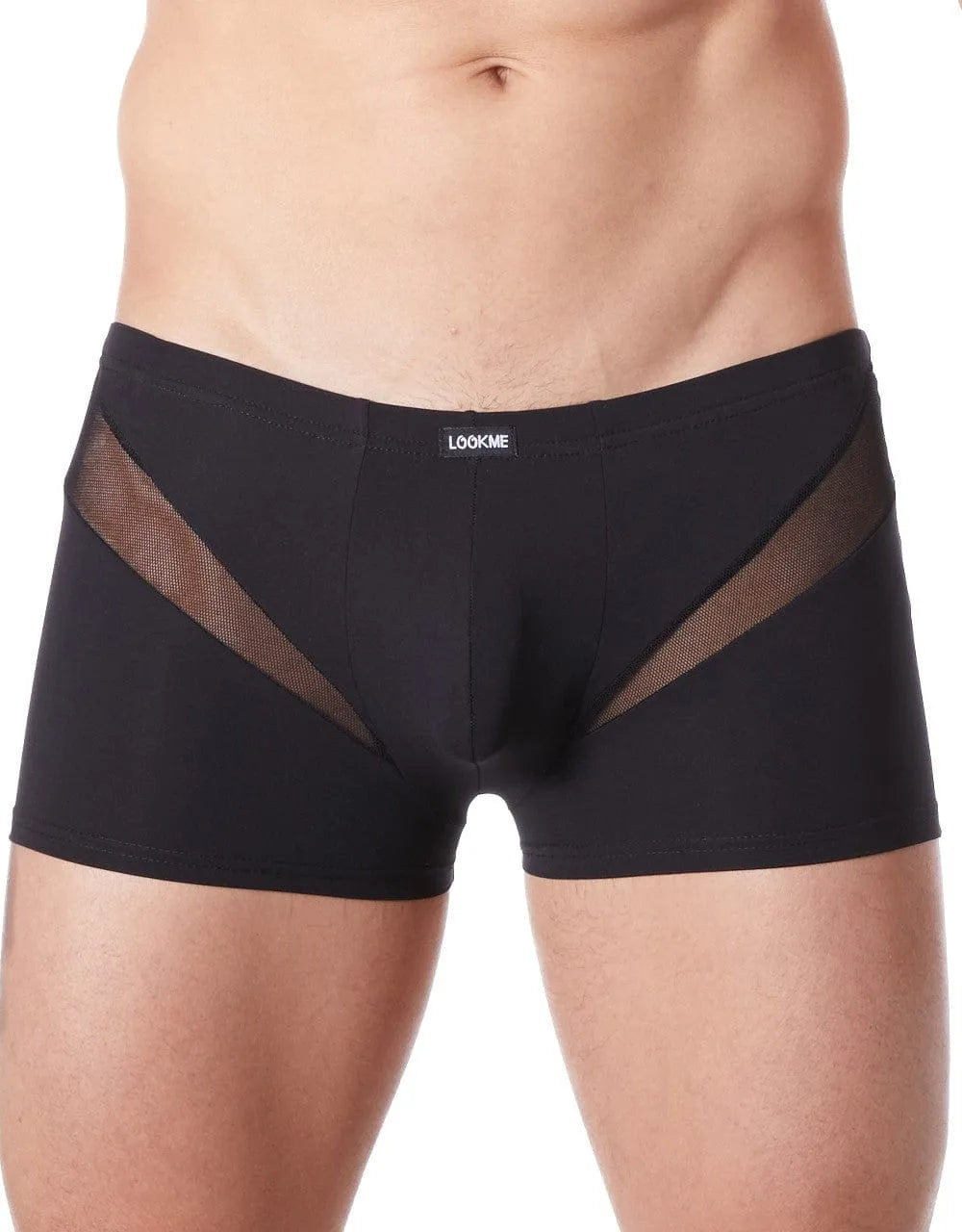 Boxer homme noir court, résille en V, coupe ajustée, polyester élasthanne, confort et séduction, collection Wave.